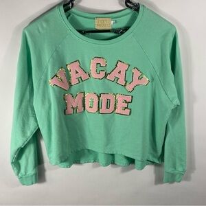 Judith March Oversized "VACAY MODE" Sea Foam Green And Pink Sweatshirt Large EUC